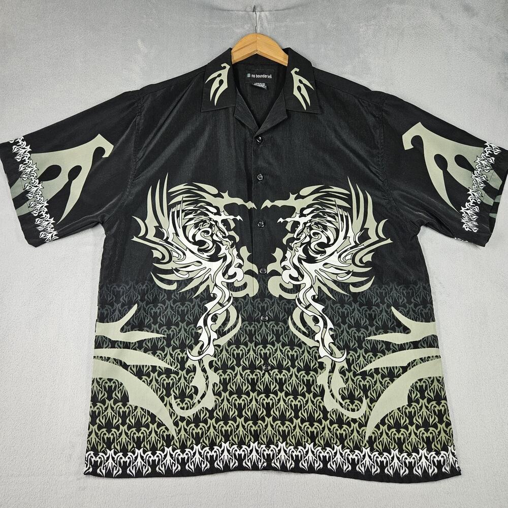 Vintage No Boundaries Y2K Button Down Shirt Mens L Dragon Print Black Grunge